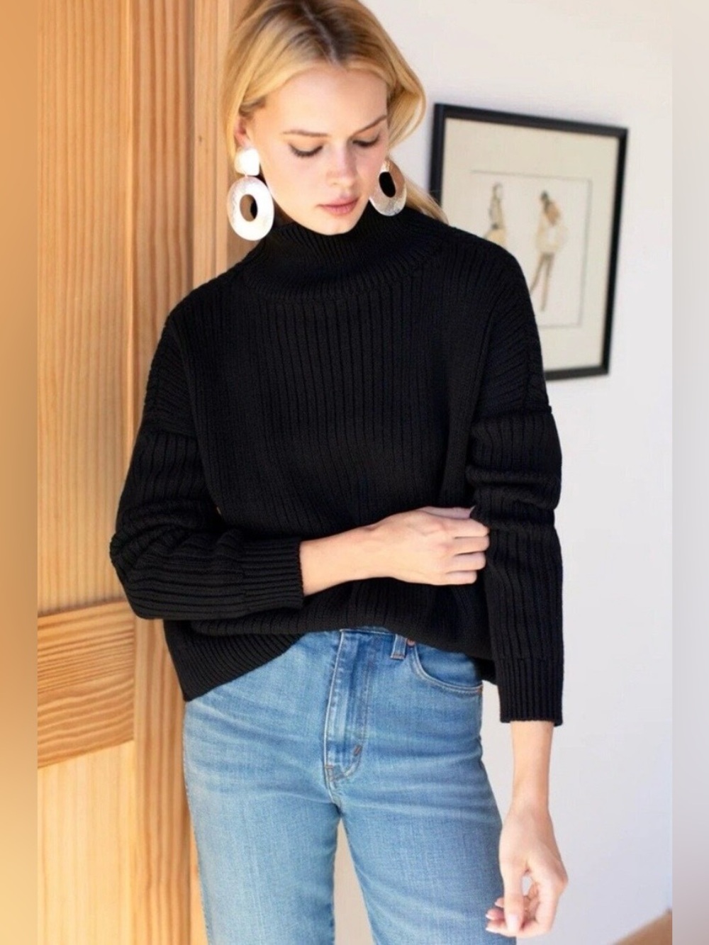 Emerson Fry Carolyn Funnel Neck Sweater Ribbed Organic Cotton Black Size Small